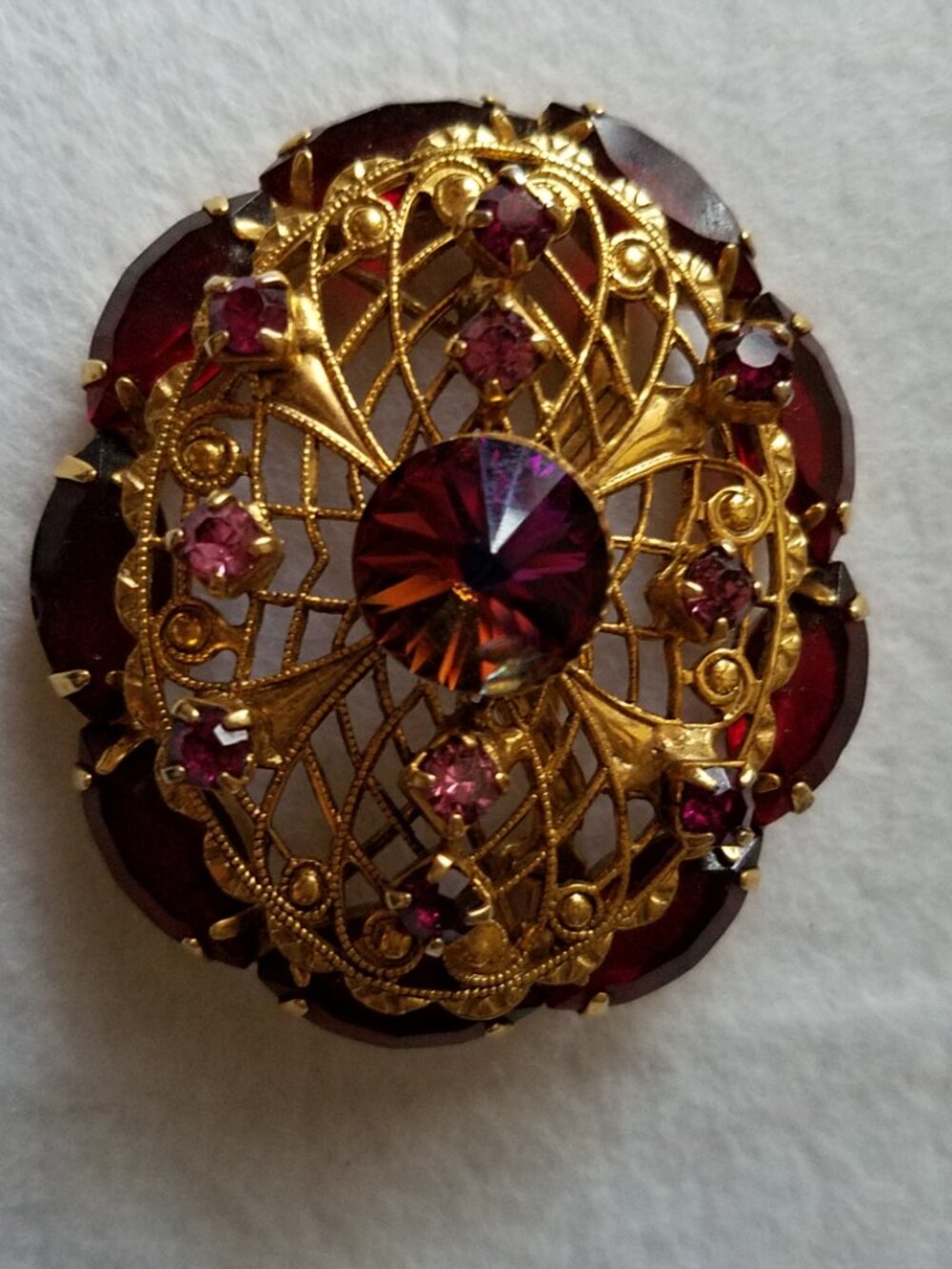 Vintage Red Rivoli and Pink Red Rhinestone Filigree Brooch